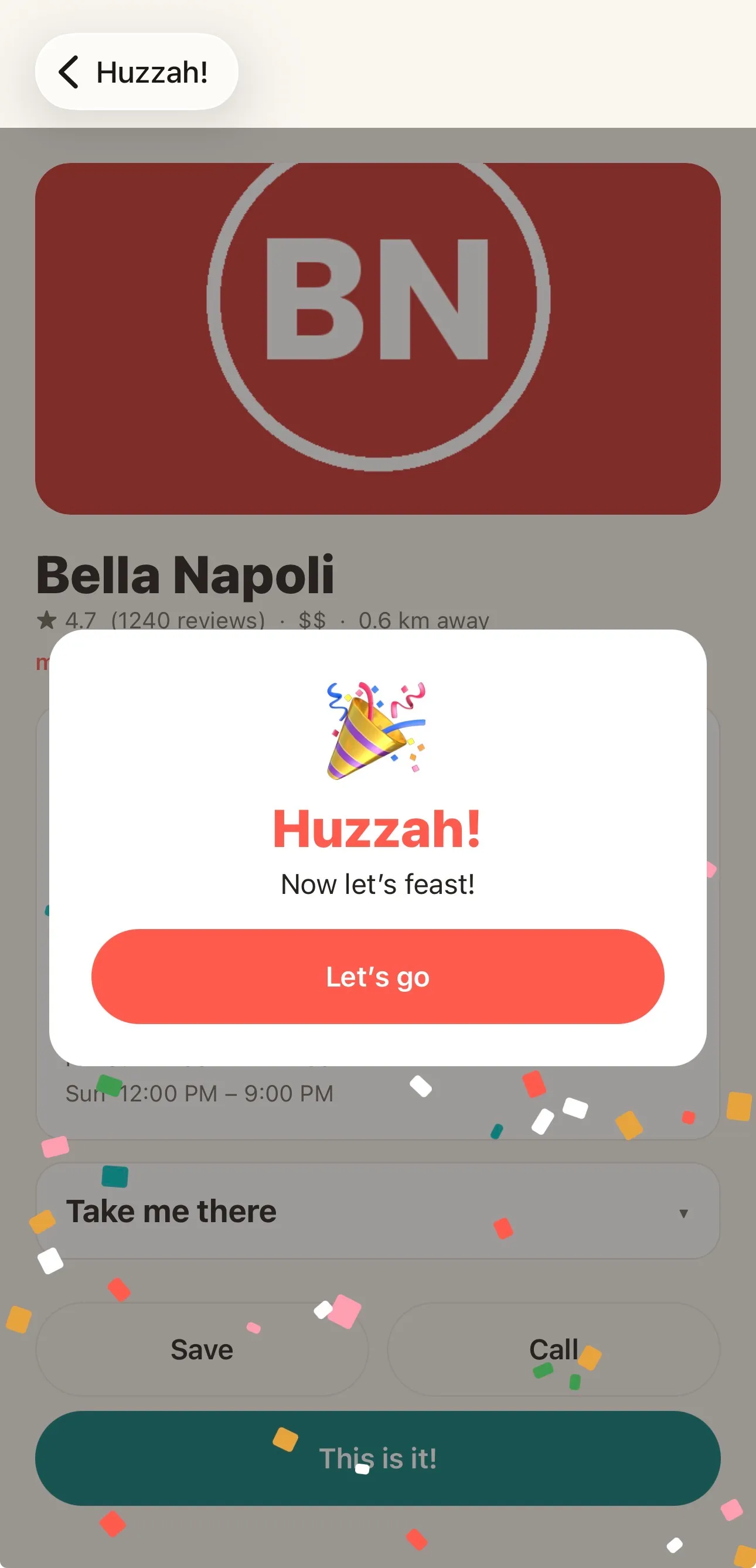 The Huzzah! celebration screen: “Now let’s feast!”