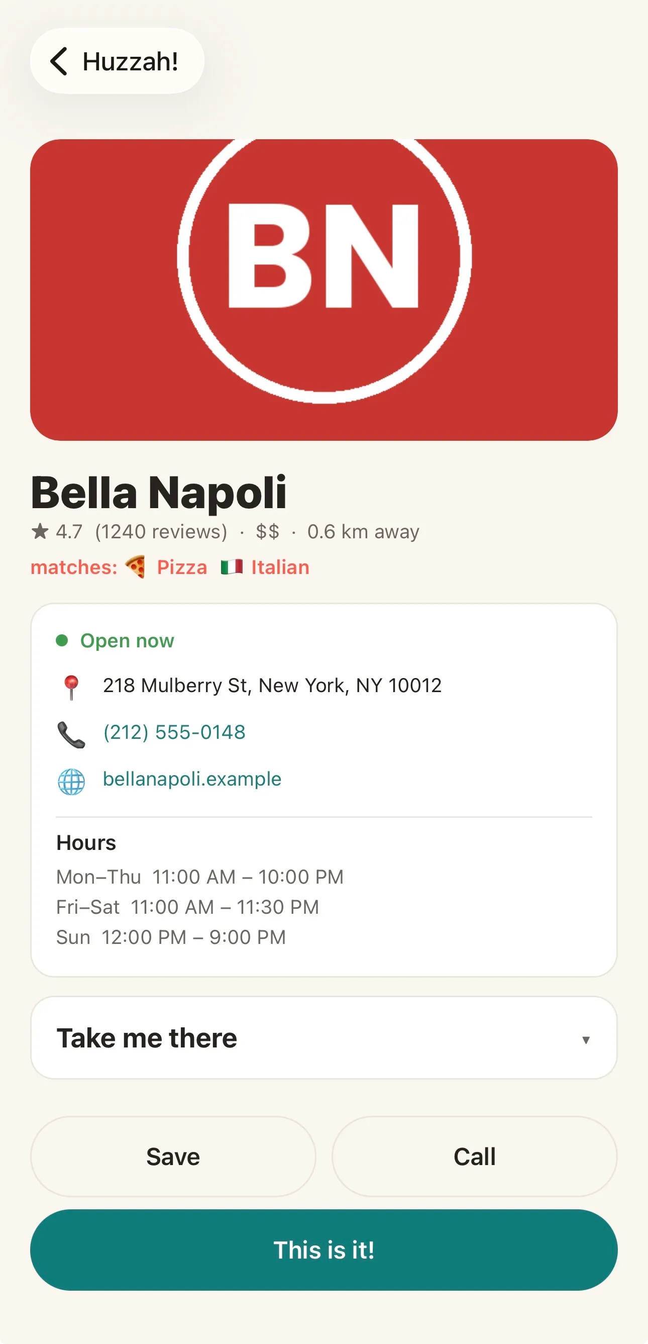 A Huzzah! restaurant detail screen with hours, distance and directions