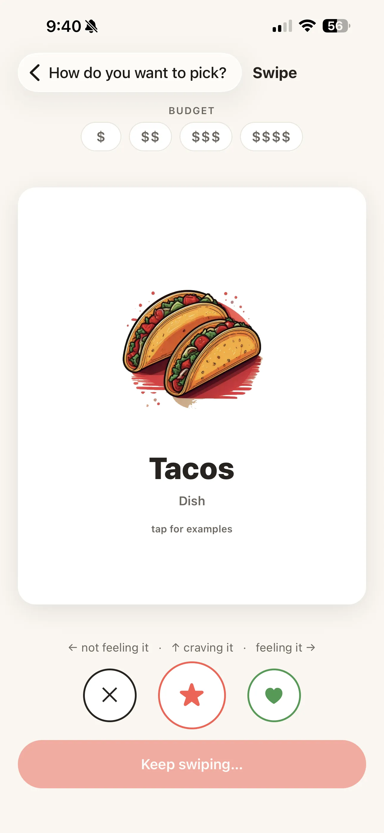 Swiping a Tacos card in Huzzah!, with not-feeling-it, craving-it and feeling-it choices