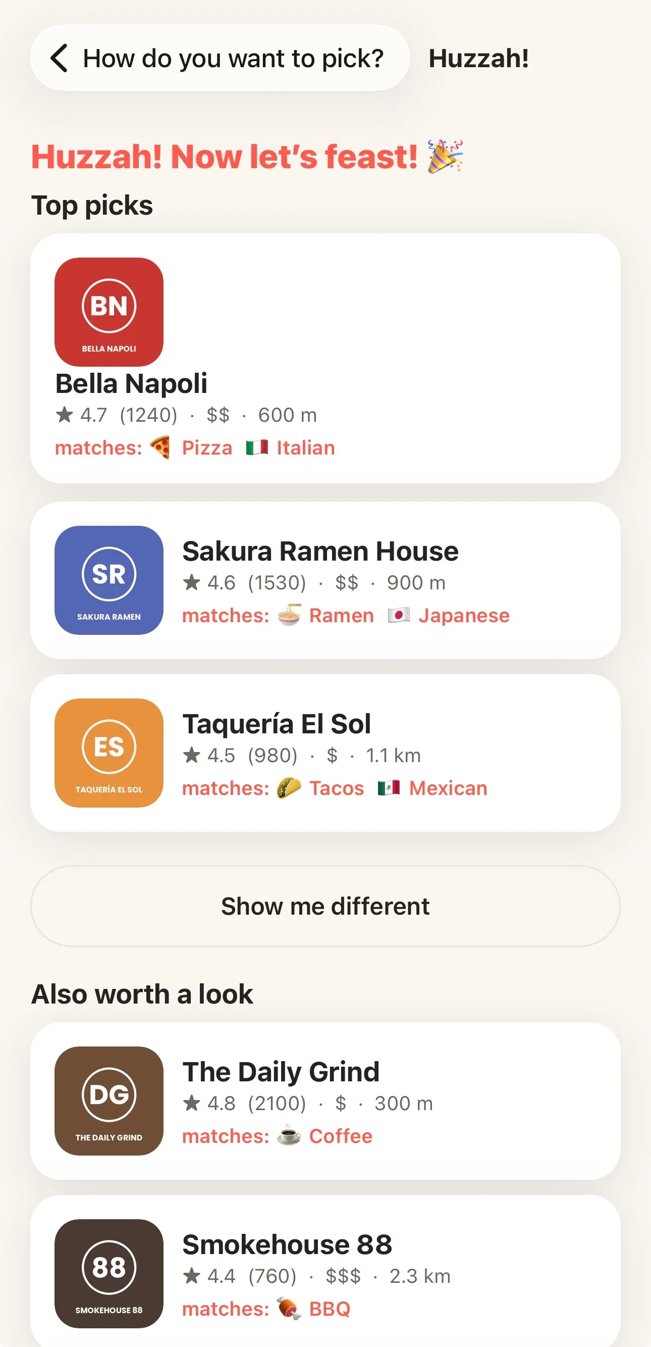 Huzzah! Top 3 restaurant picks that match your cravings